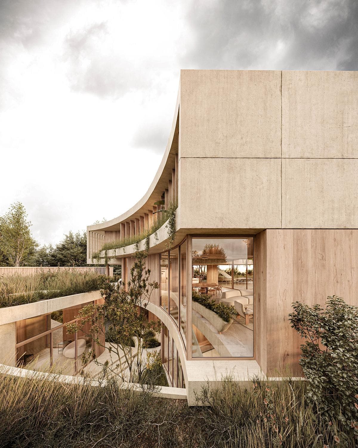 Visualisation: contemporary building design merges concrete and wood within a beautifully landscaped natural setting.