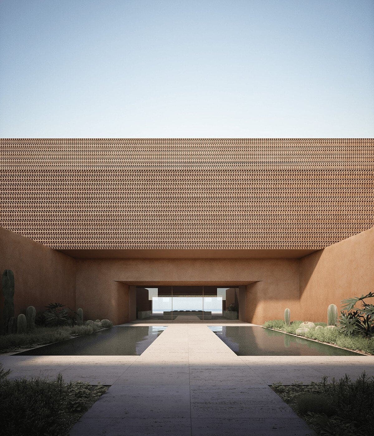 Visualisation: stunning modern architecture with water feature and lush landscaping harmonising design and nature.