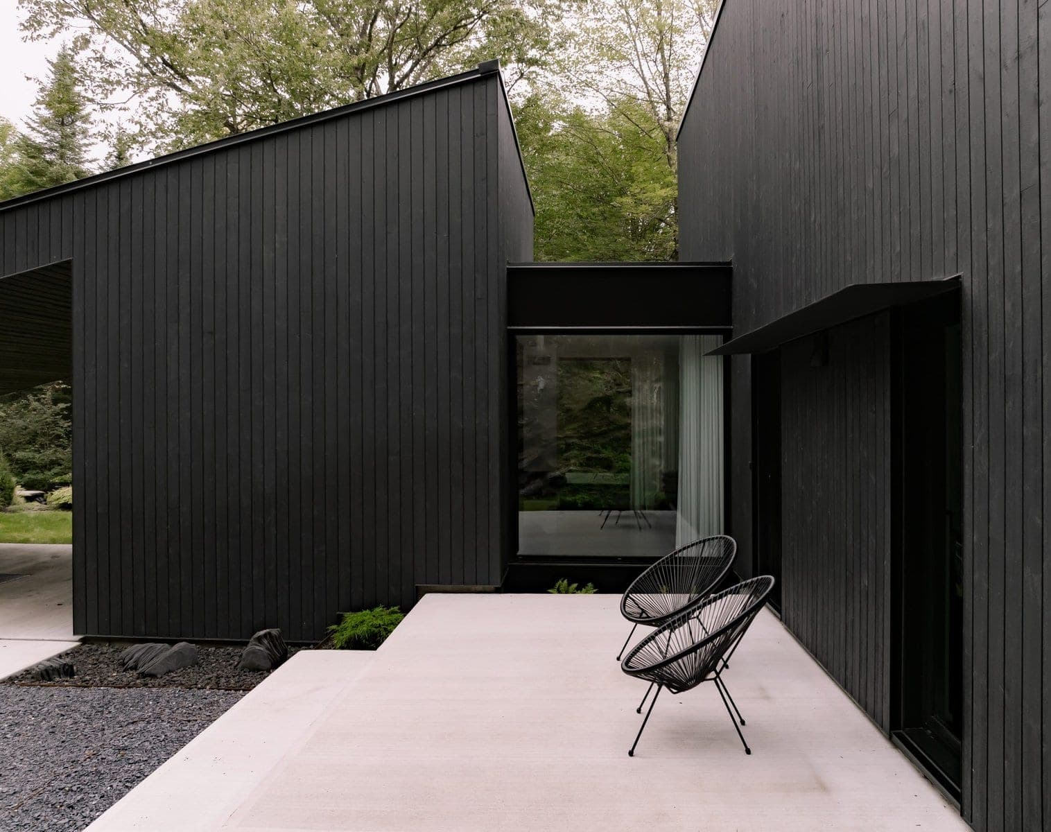 Contemporary black-clad home harmonising with nature, featuring sleek design and ample outdoor space.