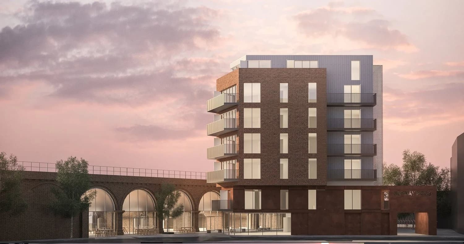 Visualisation: modern multi-story building with glass panels, balconies, and arched stone structures in urban setting.
