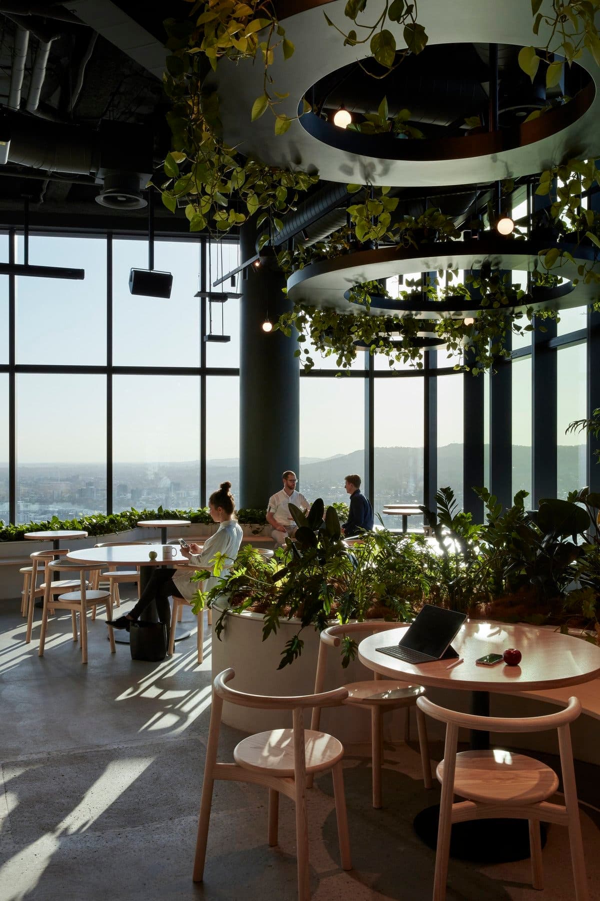 Modern cafe with greenery, natural light, minimalist furniture, and city views.