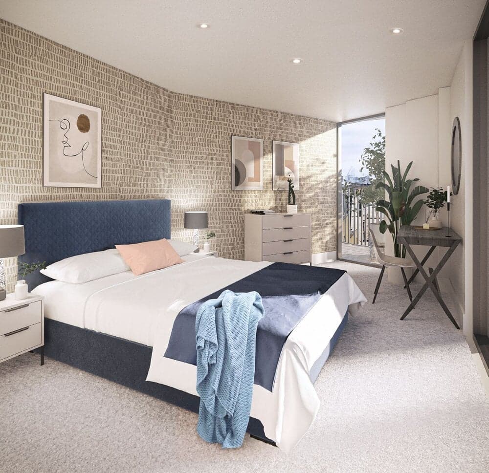 Visualisation: modern bedroom with navy headboard, white bedding, desk, and balcony view.