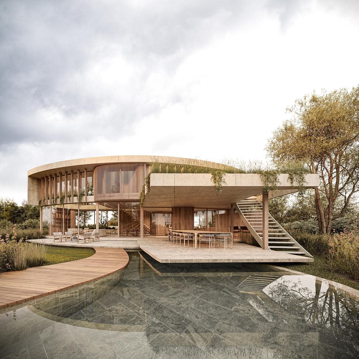 Visualisation: modern curved house integrating nature with a serene landscape and inviting outdoor spaces.