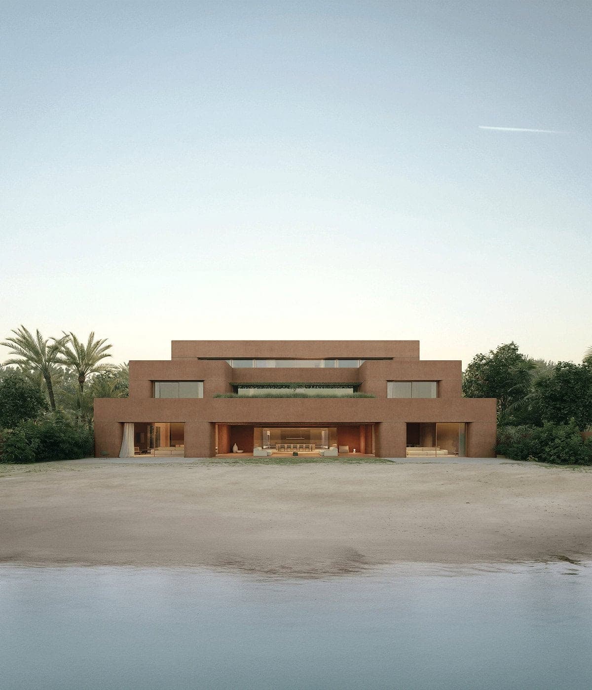 Visualisation: modern architecture blends seamlessly with nature, featuring warm tones and a serene waterfront.