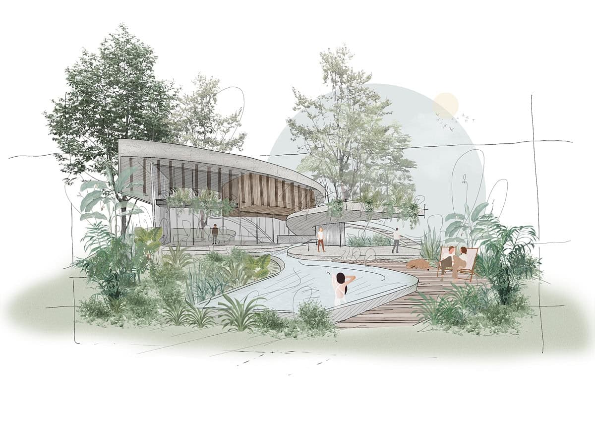 Drawing: concept sketch showing the curved building and surrounding landscape.