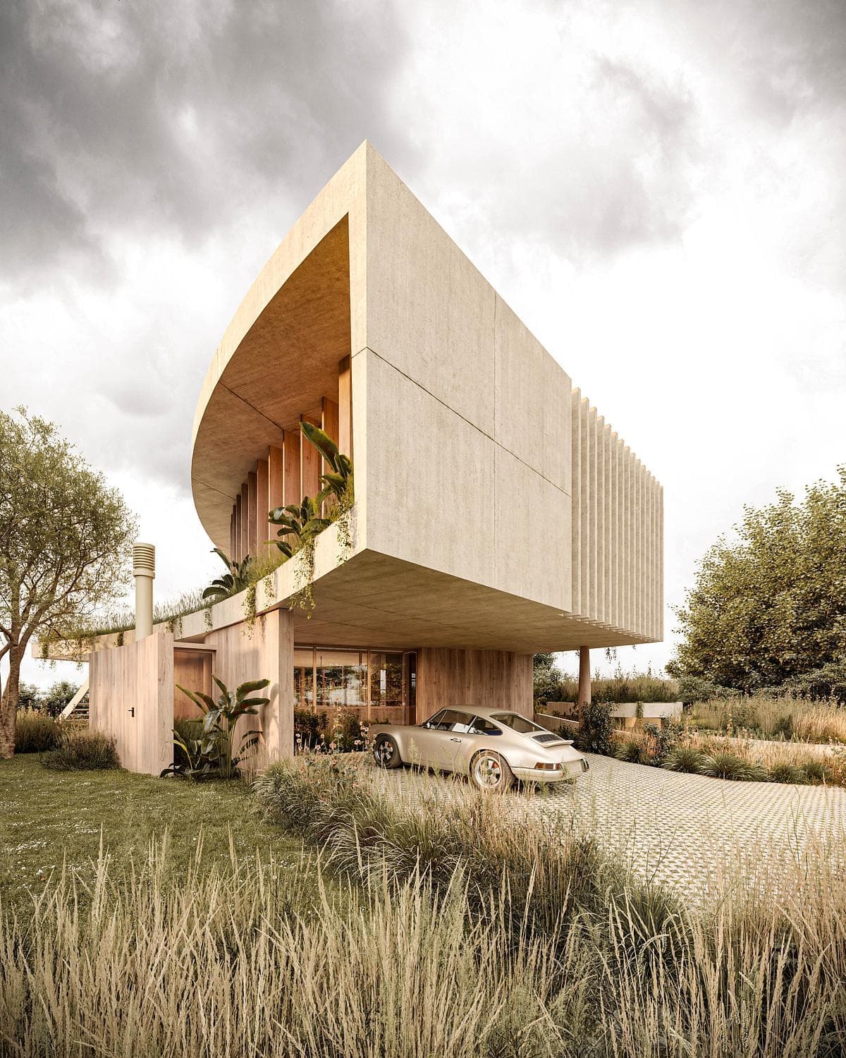 Visualisation: contemporary house design harmonising with nature in a beautifully landscaped setting.