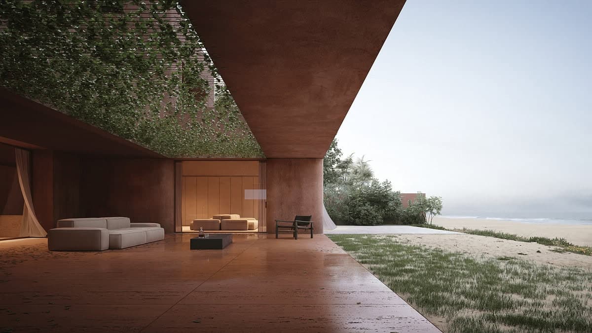 Visualisation: contemporary indoor-outdoor living space featuring natural materials and serene greenery views.