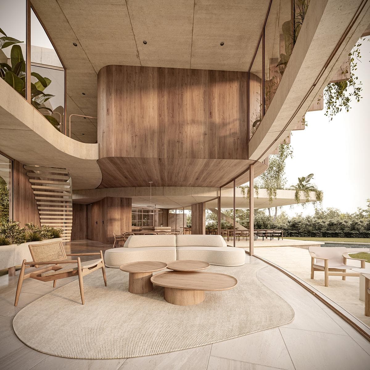 Visualisation: stylish modern interior design merging natural elements with contemporary architecture for serene living.