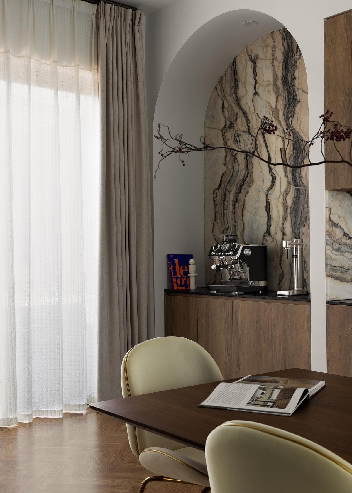 Elegant modern interior with natural light, rich wood tones, and inviting dining setup.