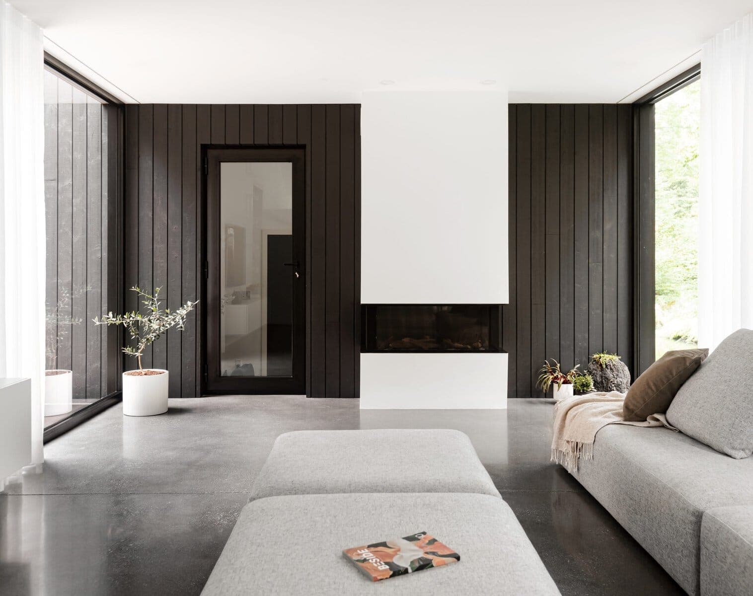 Contemporary minimalist living room with dark wood accents and bright, airy spaces.
