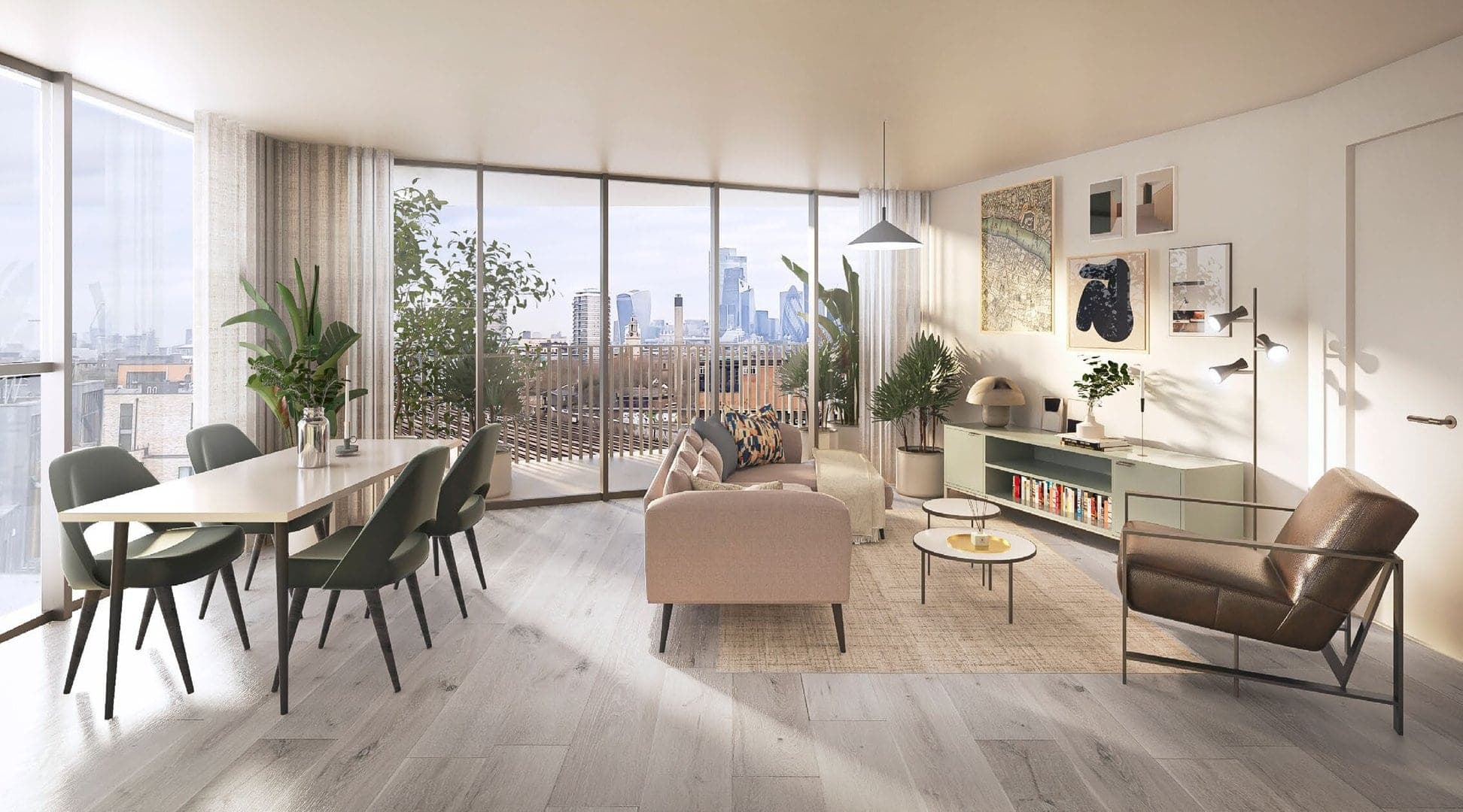Visualisation: modern open-plan living room with city skyline views, minimalist decor, and natural light.