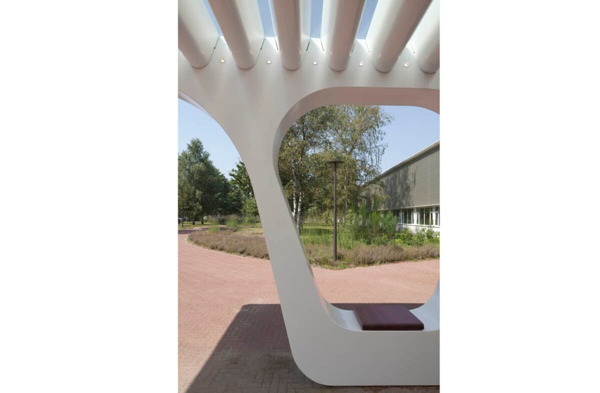 Modern pavilion with curved beams and integrated seating in a landscaped park.