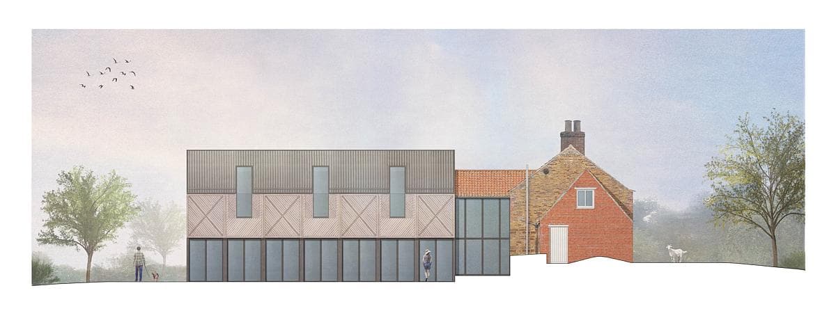 Drawn elevation showing the timber-clad house beside an existing brick building.