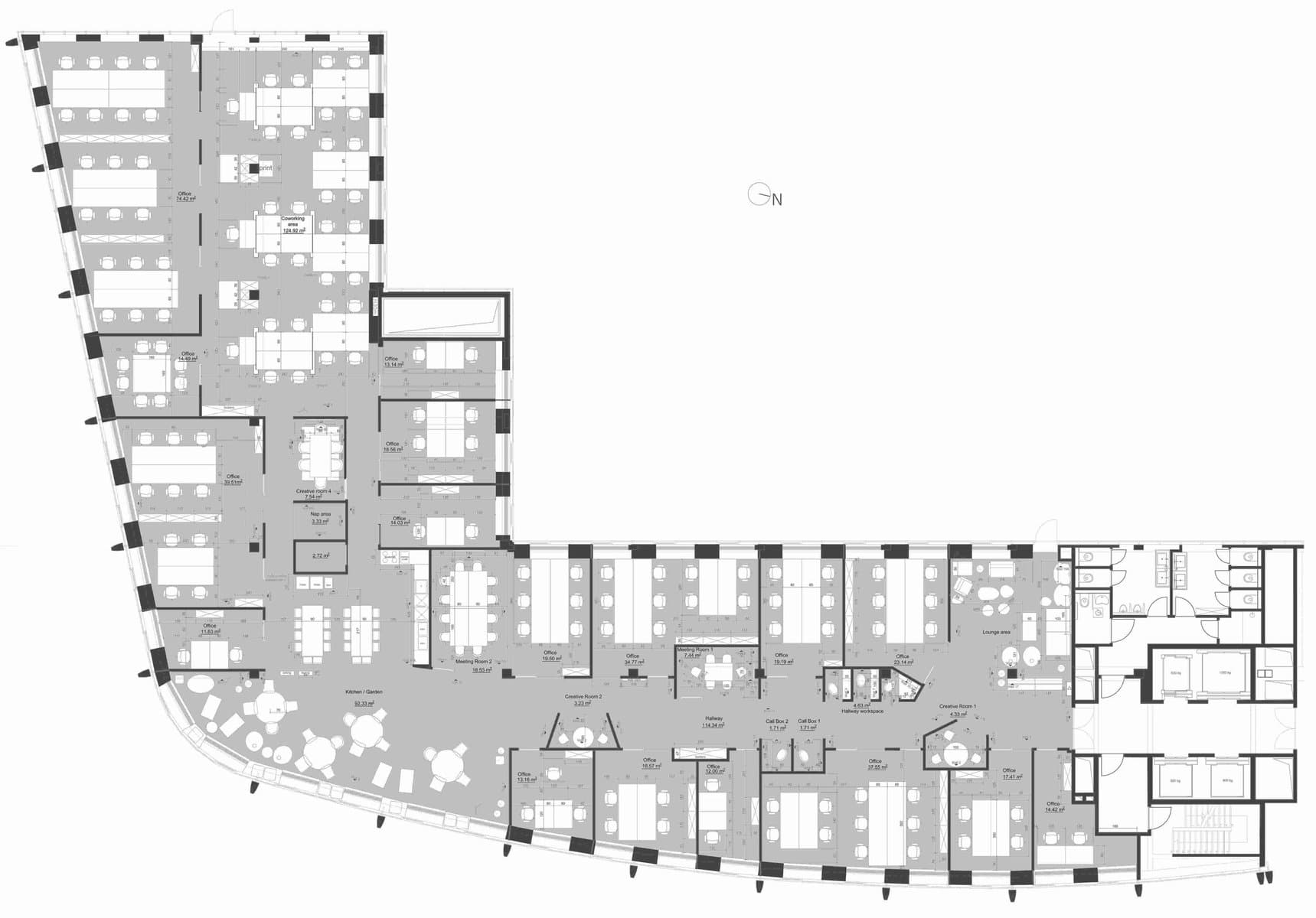Office floor plan with collaborative and private workspaces, open seating, meeting rooms, and restrooms.