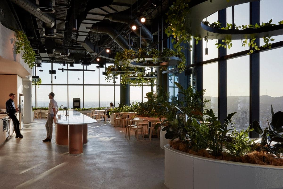 Modern open-plan office with natural light, greenery, and industrial design.