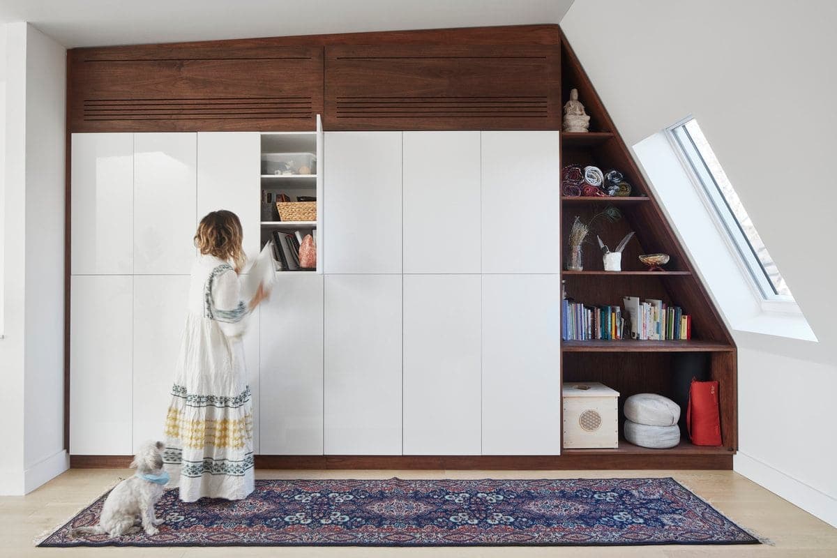 Woman and dog in a modern, light-filled room with elegant cabinets and shelves.