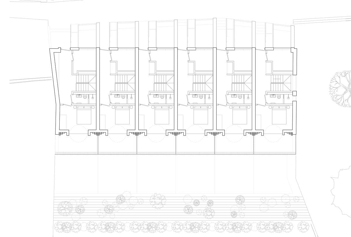 Floor plan of The Arches 2 residential complex with five units and communal outdoor space.