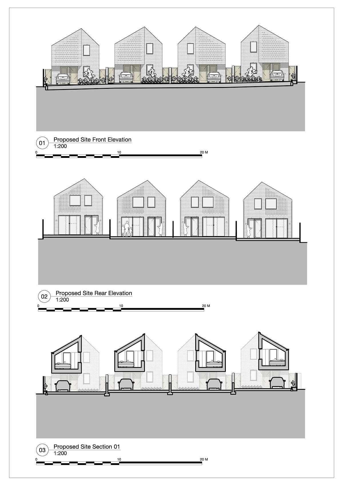 Modern residential development elevations showcasing contemporary design and structured layouts for harmonious living.