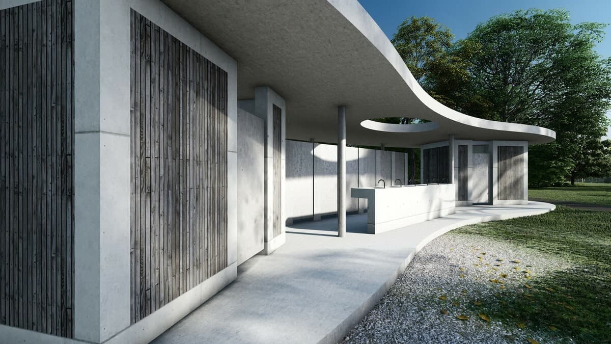 Visualisation: modern concrete building with undulating roof, vertical wooden slats, and lush greenery background.