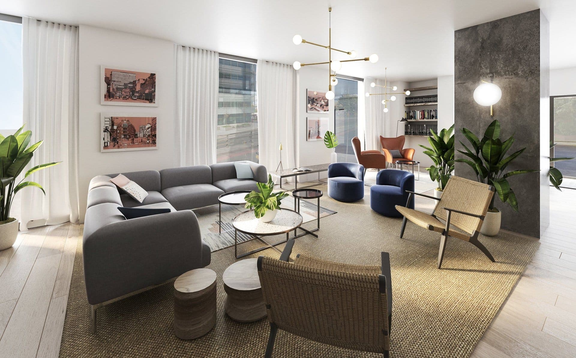 Visualisation: spacious modern living room with large windows, gray L-shaped sofa, and minimalist decor.
