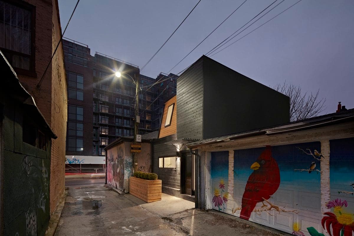 Urban alleyway at dusk with historic and modern buildings, vibrant parrot mural, and dim lighting.