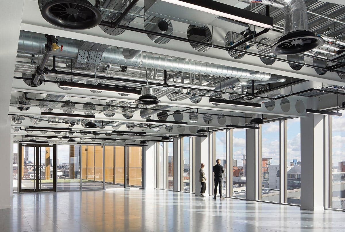 11 & 12 Wellington Place, open-plan floor and exposed services
