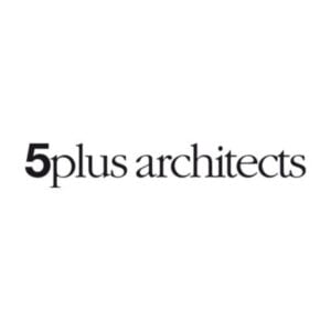 Minimalist black logo for 5plus architects, modern sans-serif font, professional and sleek design.