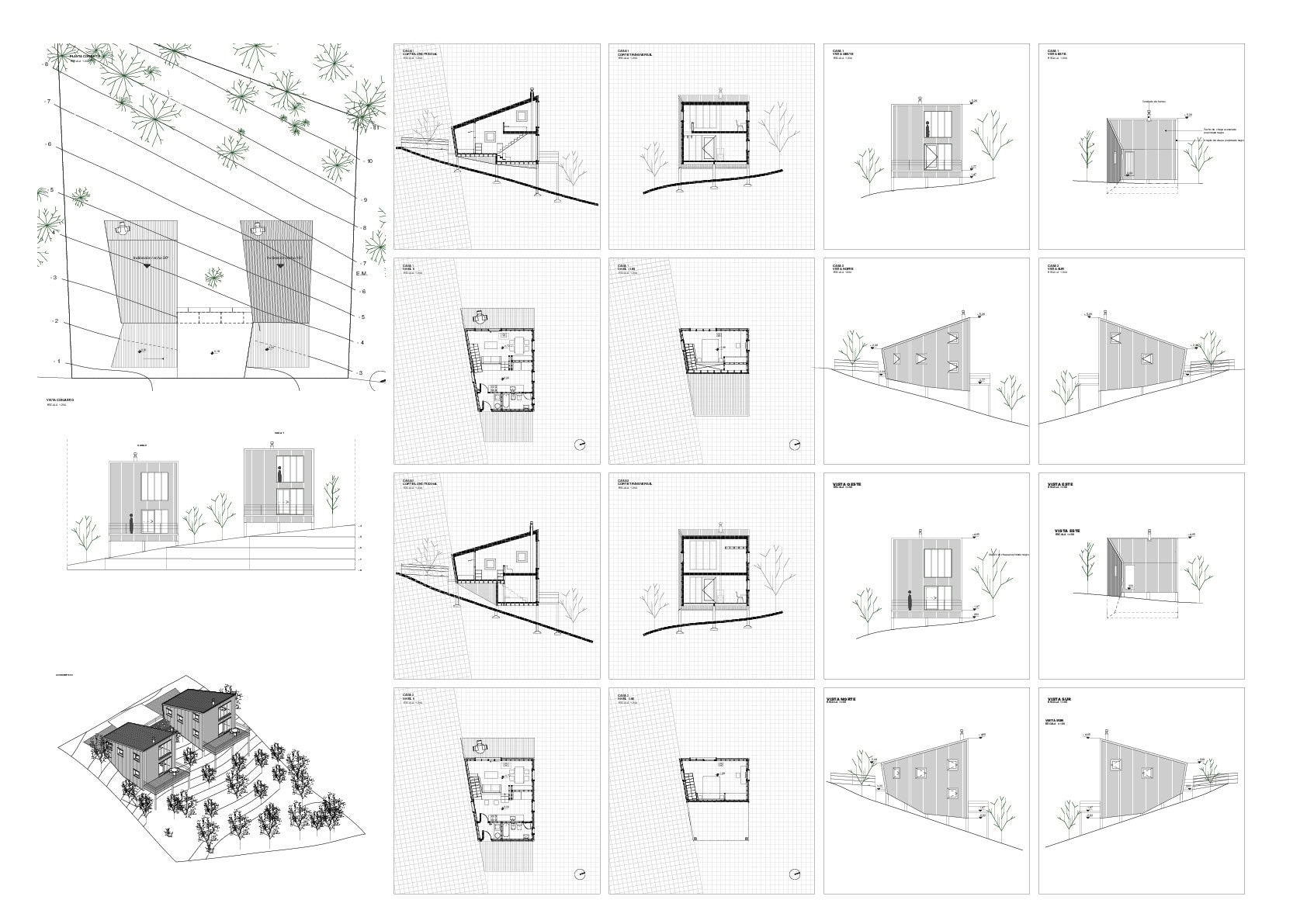 Plan and section drawing of Andina Mellizas Patagonicas twin houses