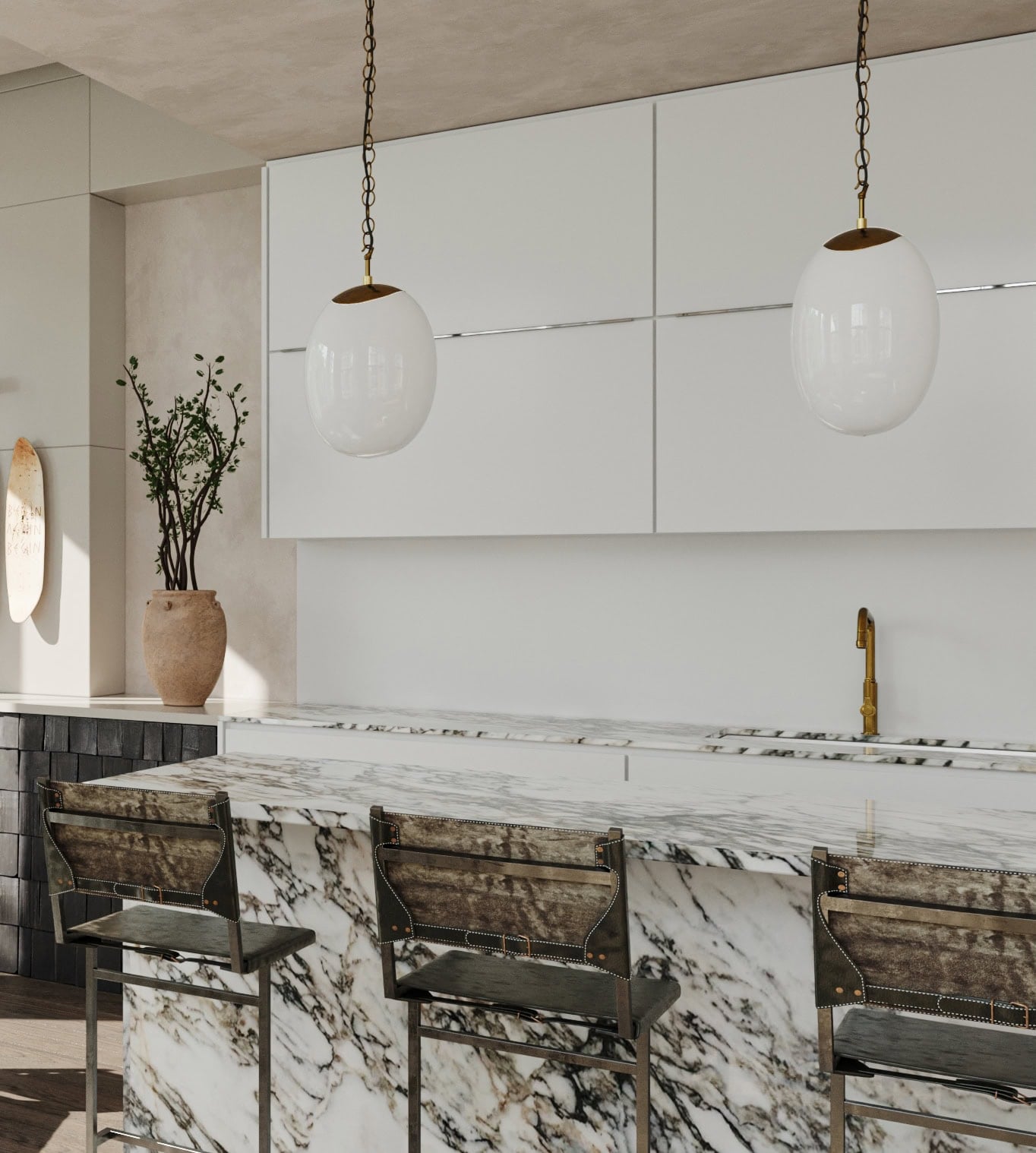 Kitchen island and bar stools at Golden Square by Fare Inc.