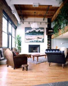 Living space at West Loop Loft by Scrafano Architects, Chicago