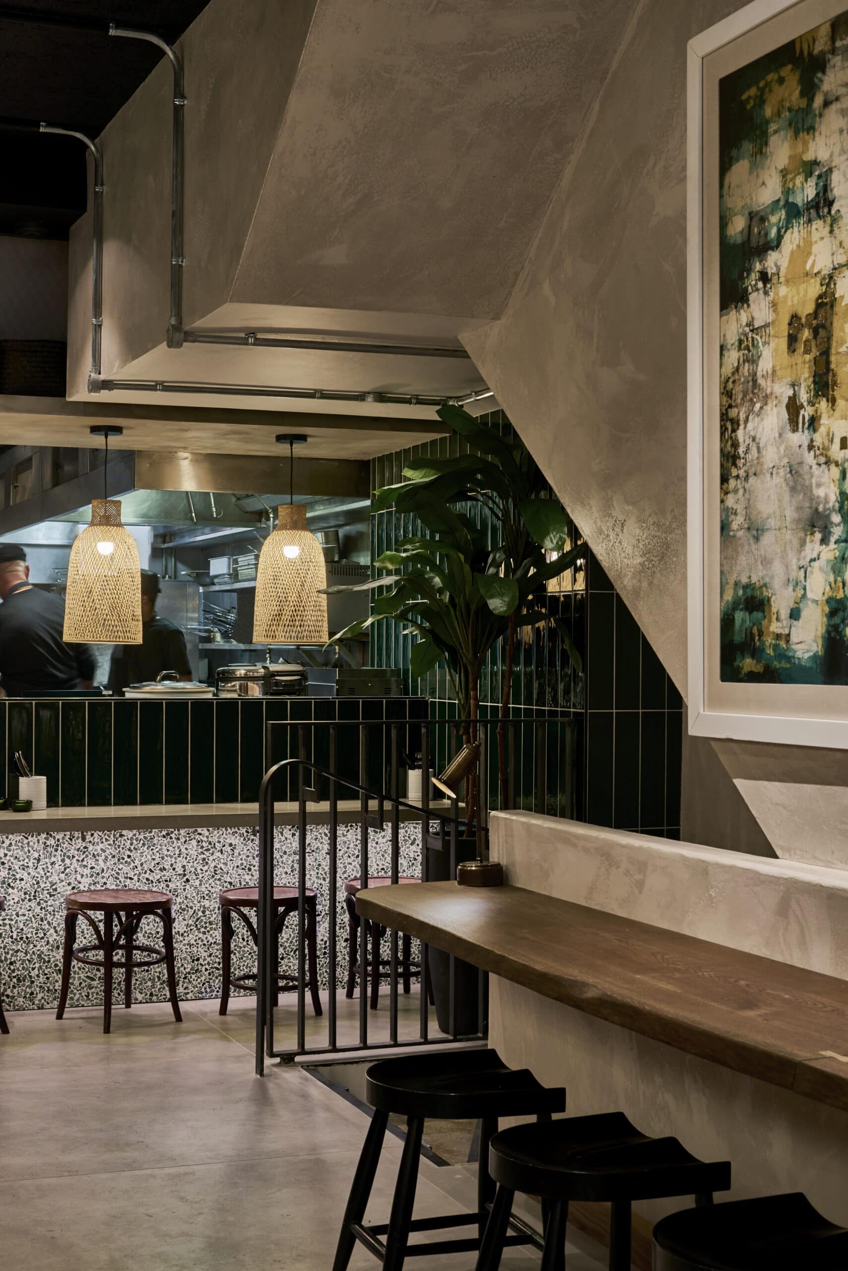 Open kitchen at Kolamba Sri Lankan restaurant, Soho, designed by Studio Fils
