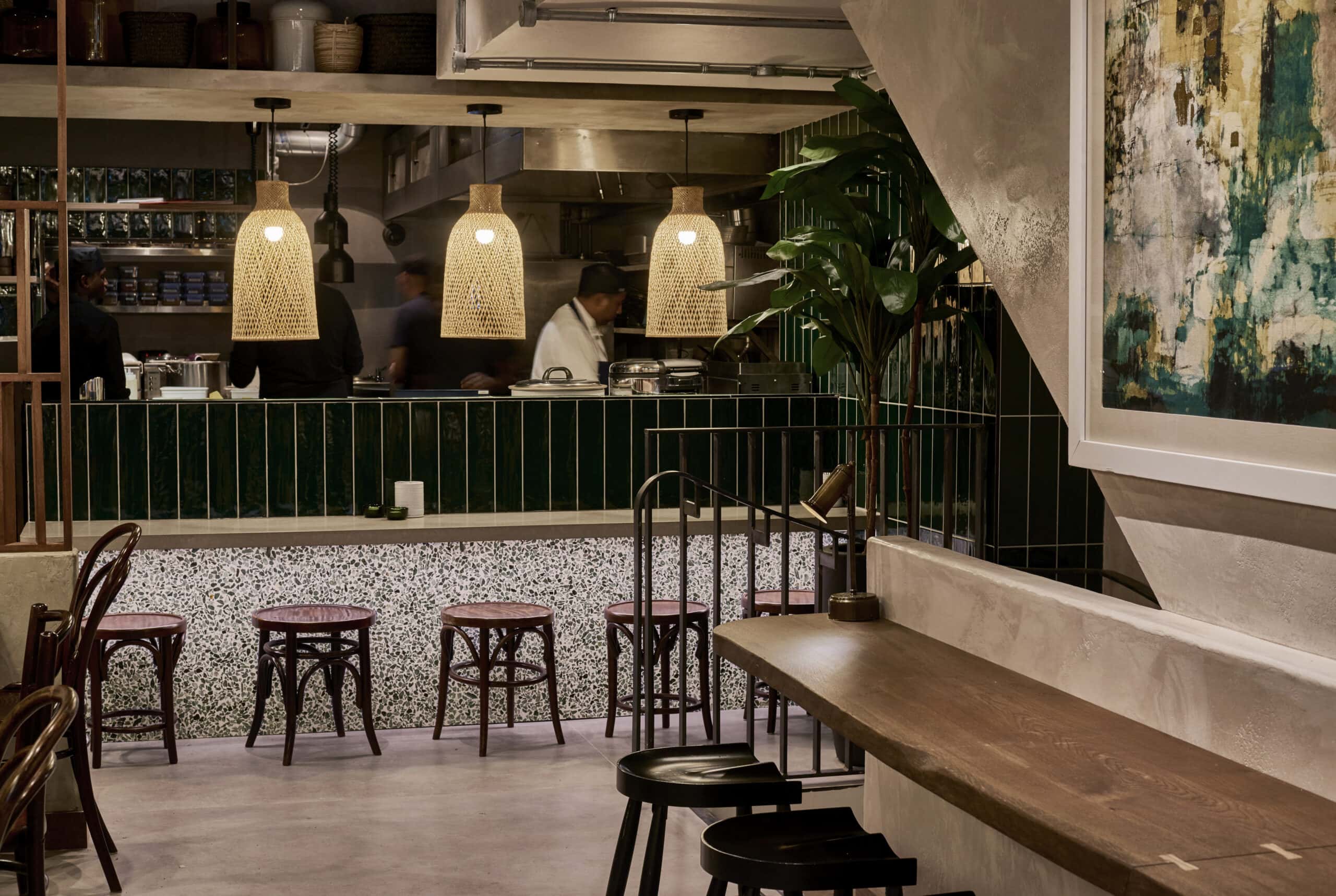 Live edge dining counter at Kolamba Sri Lankan restaurant, Soho, designed by Studio Fils