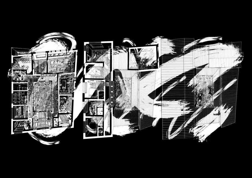 Abstract black-and-white triptych: intricate grids transform into sweeping brushstrokes and kinetic motion.