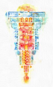 Abstract vertical watercolor painting with geometric shapes in blue, red, orange, and yellow tones.