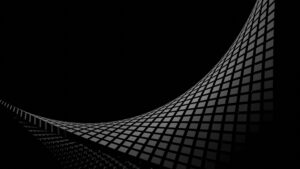 Futuristic geometric curve with illuminated grid pattern on black background.