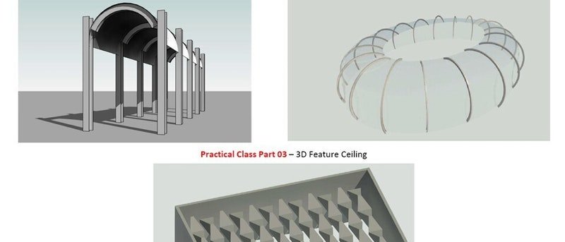 Three 3D ceiling designs: arched, domed, and diamond-patterned for practical architectural class.