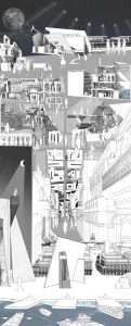 Black-and-white architectural collage: surreal layered city from starry night to harbour reflections.