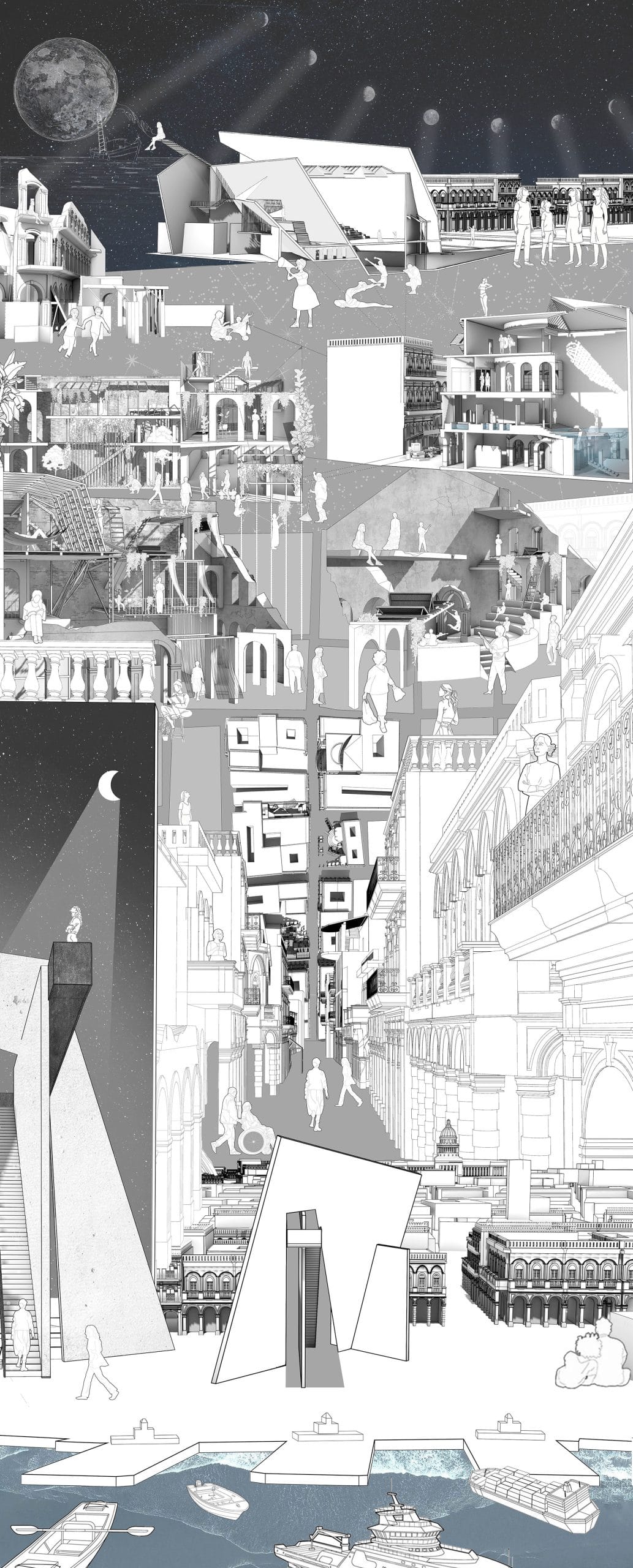 Black-and-white architectural collage: surreal layered city from starry night to harbour reflections.