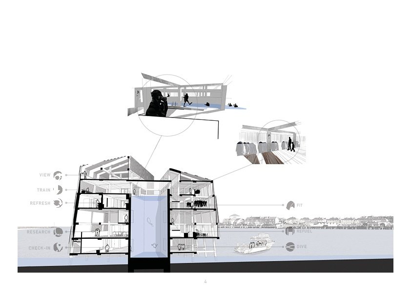 Architectural cross section for Kristin Read scuba diving facility project
