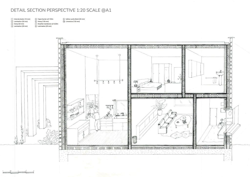 Multi-level building interior section showcasing functional spaces and architectural details.