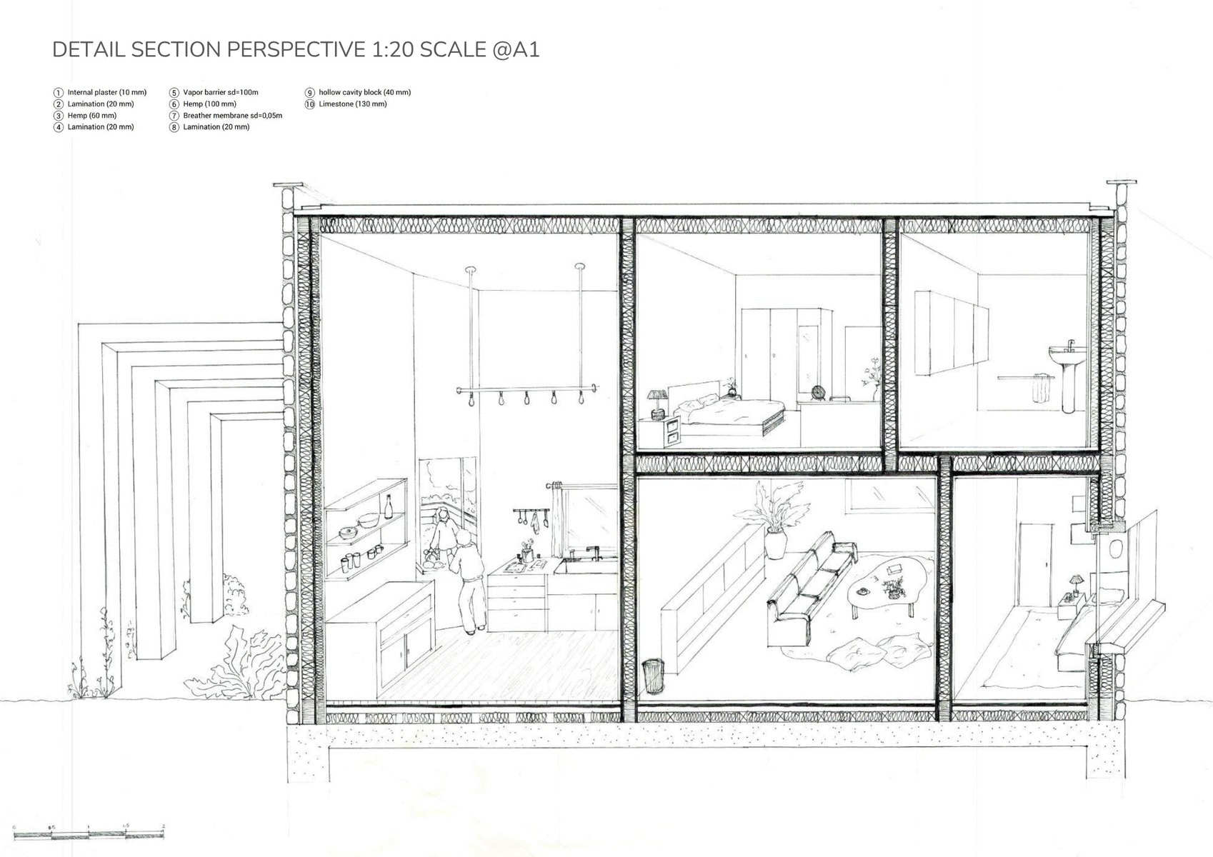 Multi-level building interior section showcasing functional spaces and architectural details.