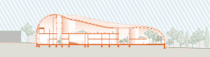 Architectural long section of contemporary undulating roof pavilion with glazed hall and courtyards.