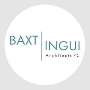 Baxt Ingui Architects PC logo: light blue text, white background, minimalist and modern design.