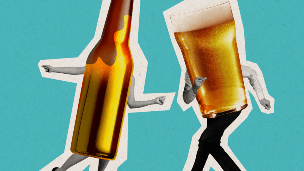Playful beer bottle and glass dancing on a bright turquoise background.