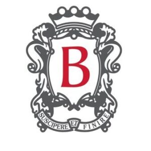 Berkeley Group crest featuring a red B with ornate gray frame and Latin motto SUSCIPERE ET FINIRE.