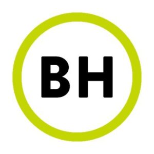 Buro Happold logo: bold black BH on white with lime green border.