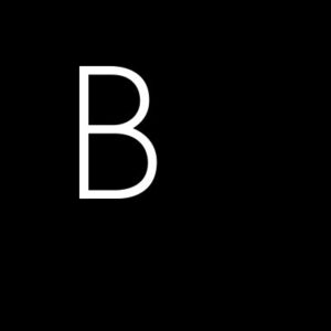 Minimalist black background with bold white letter B slightly off-centre.