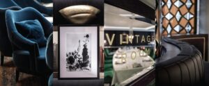 Stylish boutique interior featuring plush seating, abstract art, vintage decor, and cosy banquette area.