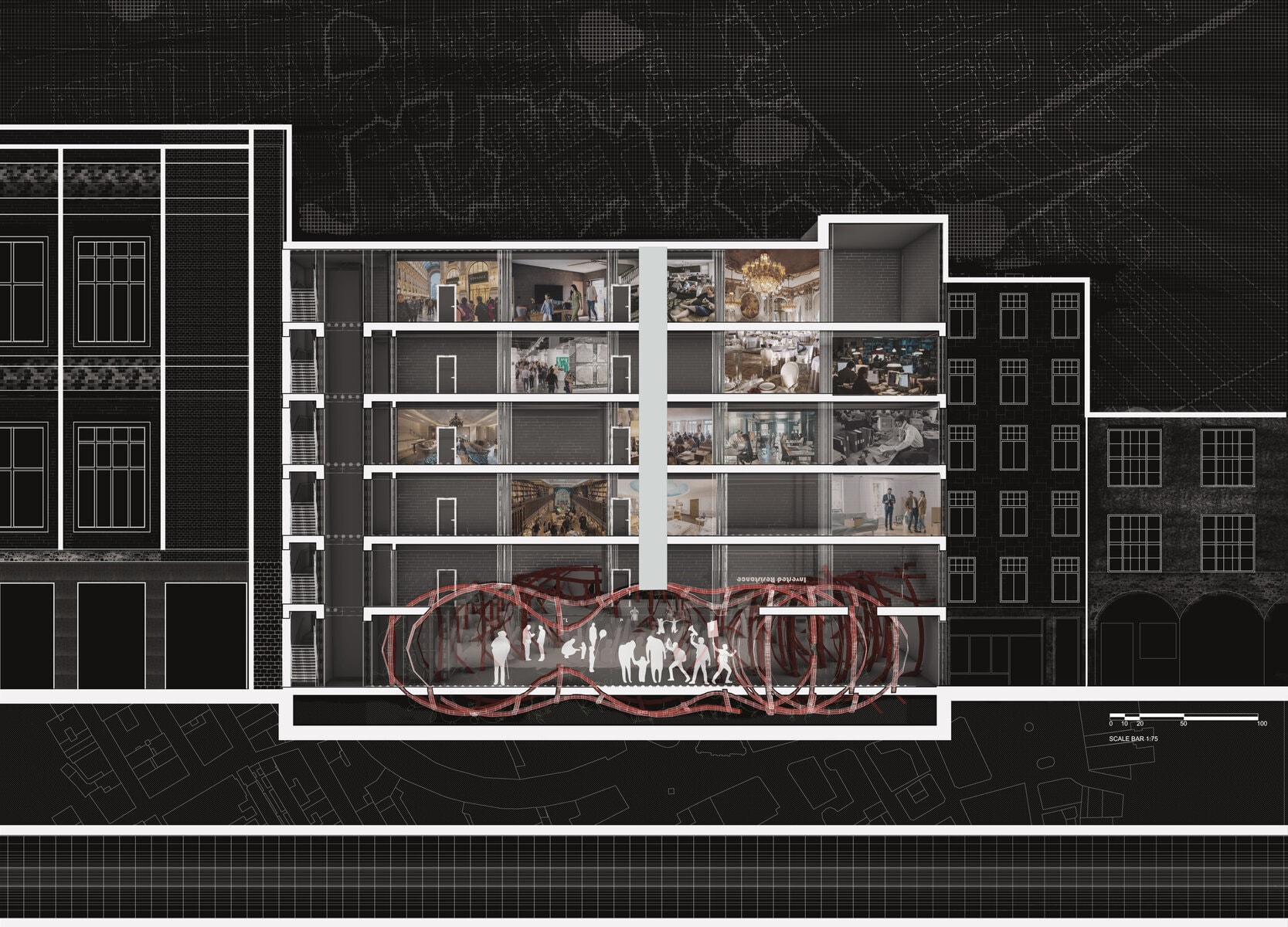 Urban building cross-section showcasing dynamic interior spaces and vibrant community interactions.