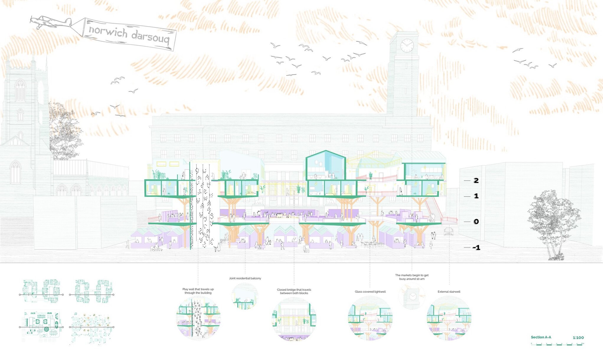 Architectural sectional perspective illustrating building design, layout, and spatial organisation details.